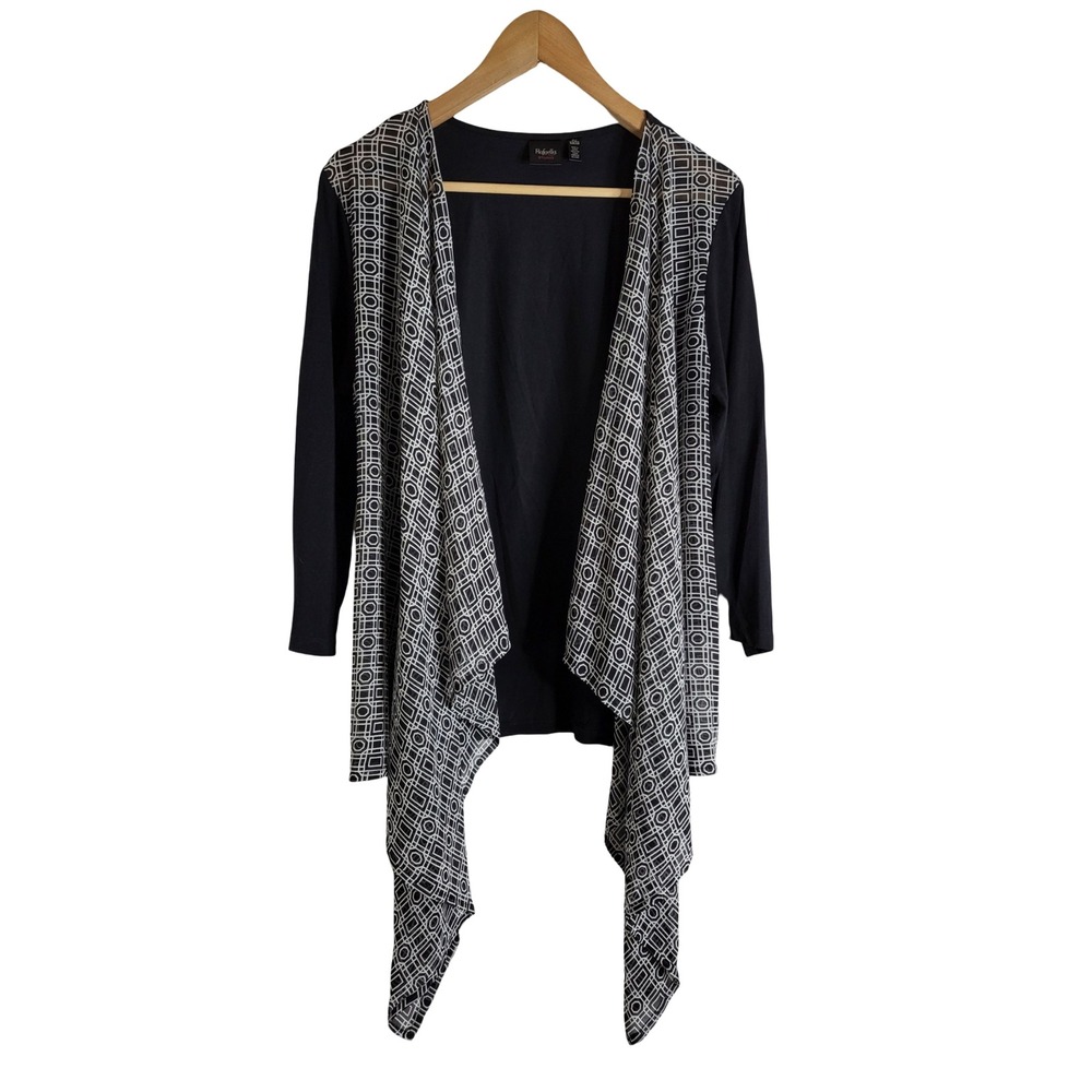 Rafaella Studio XL Black Geometric Waterfall Open Front Cardigan Office Boho